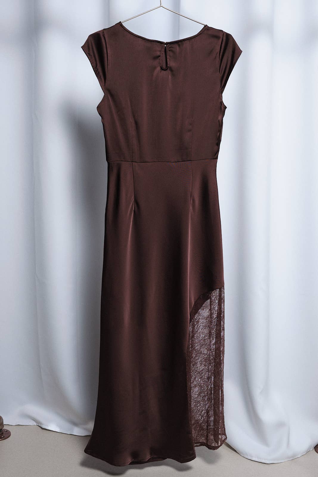 Brown Satin Boat Neck Lace Insert Midi Dress