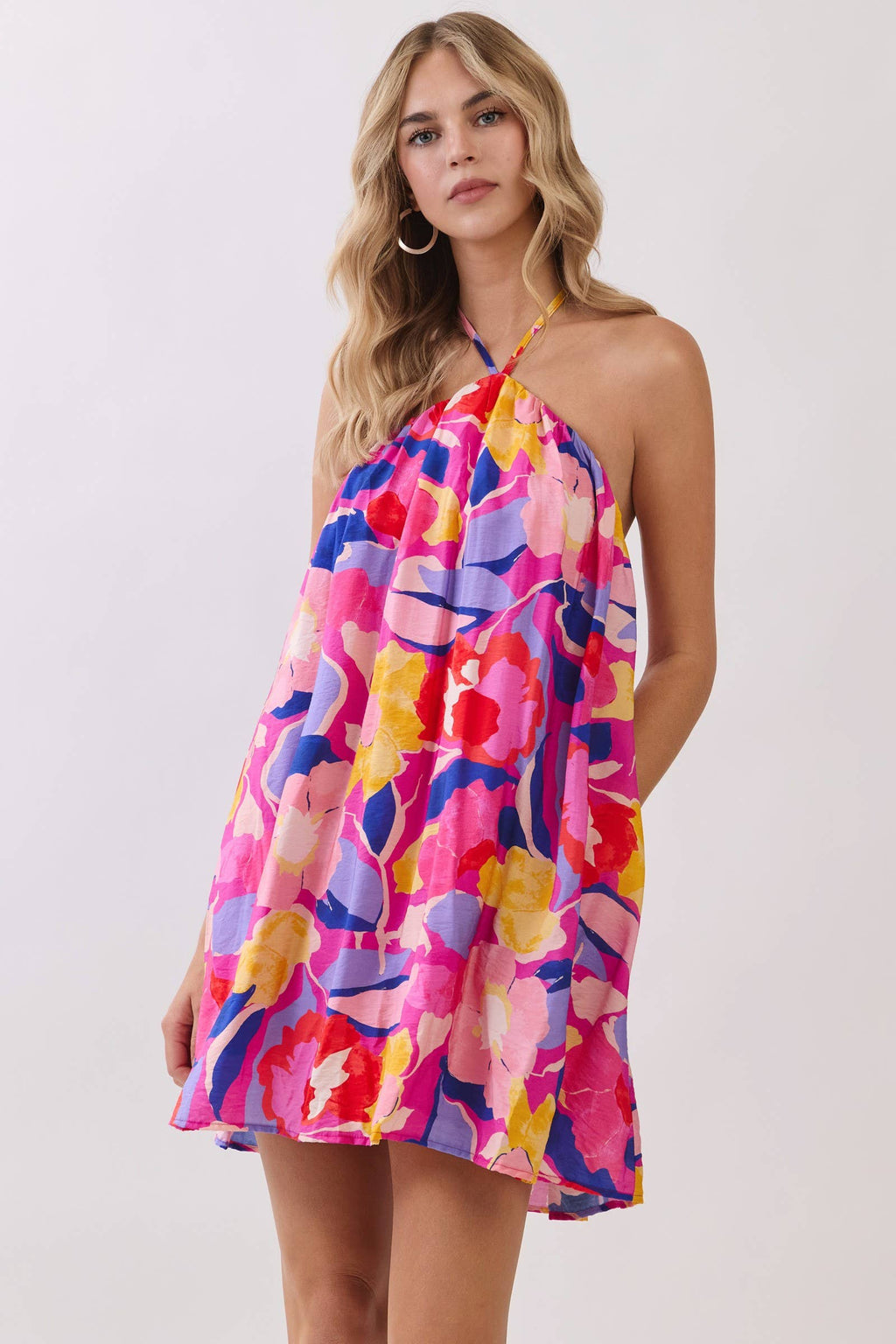 Floral Halter Open Back Swing Mini Dress