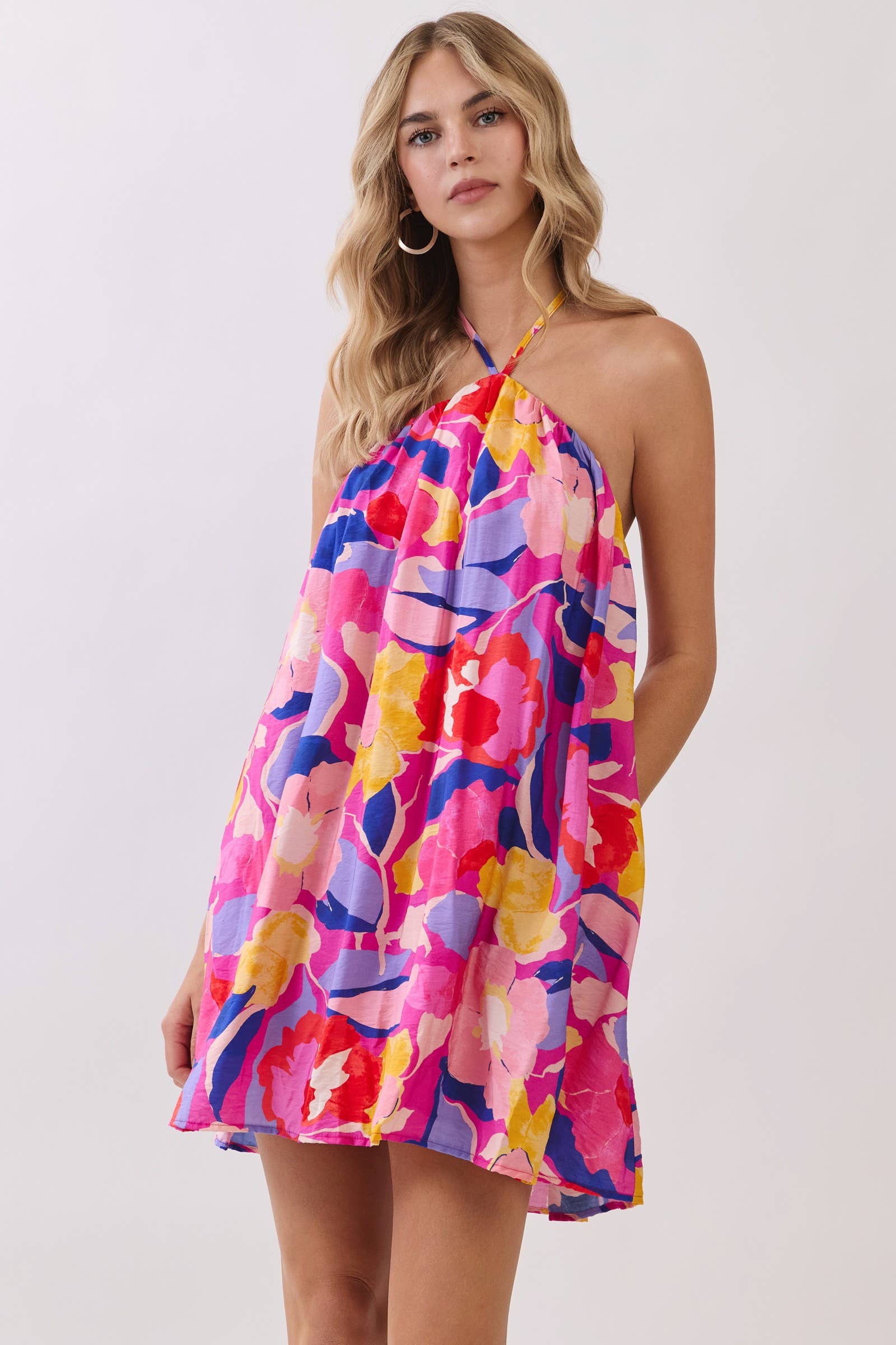 Floral Halter Open Back Swing Mini Dress