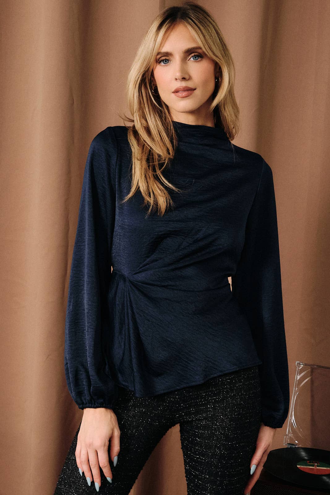 Mock Neck Asymmetric Wrap Drape Satin Top: NAVY