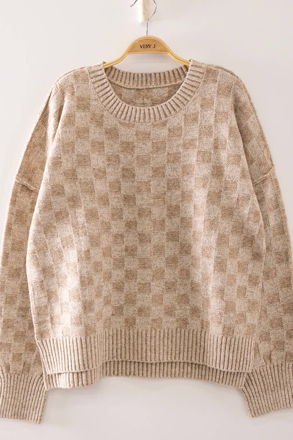 Checkerboard Knit Sweater: MOCHA