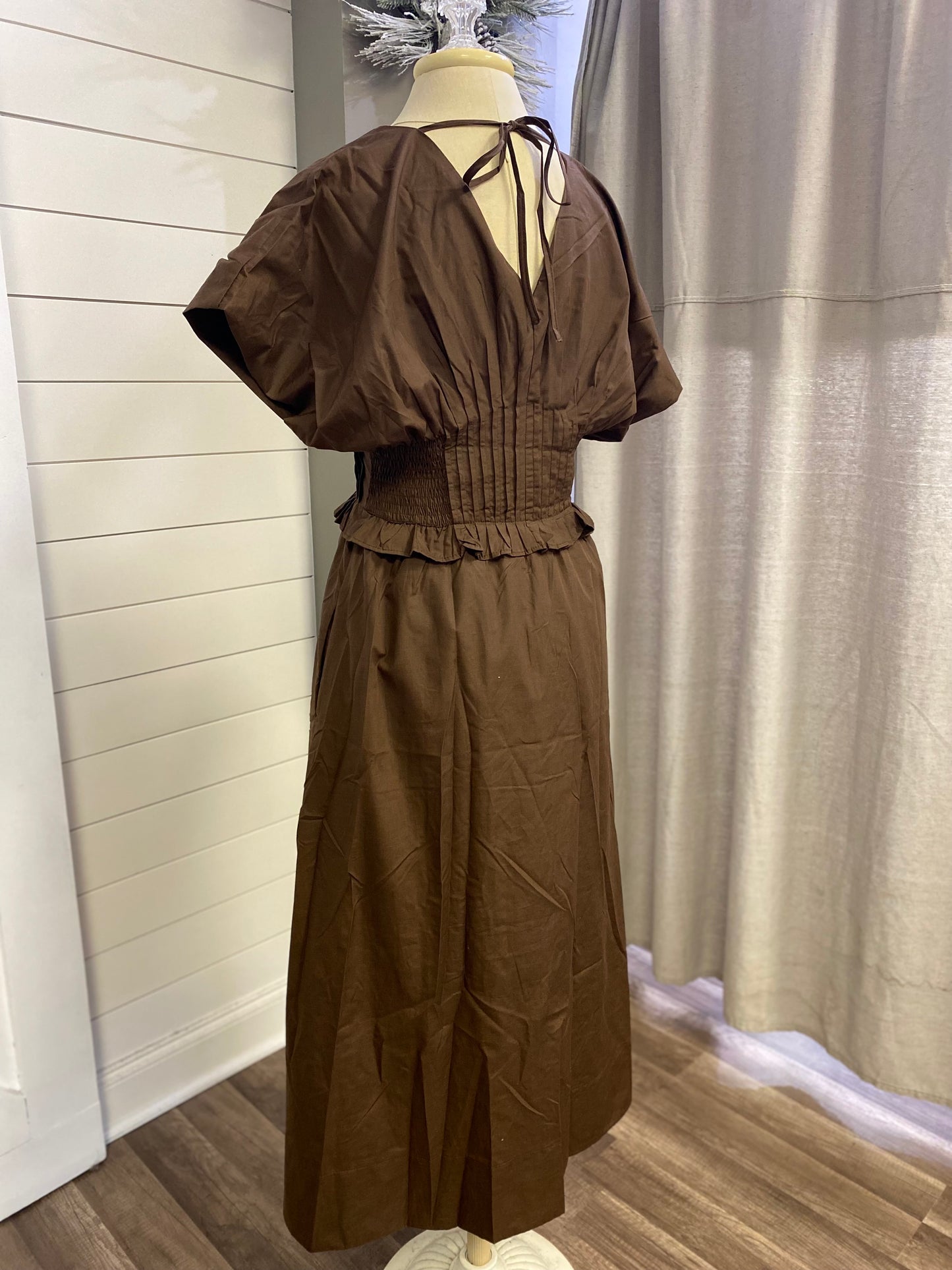 Brown Zip Down Puff Sleeve Midi Dress