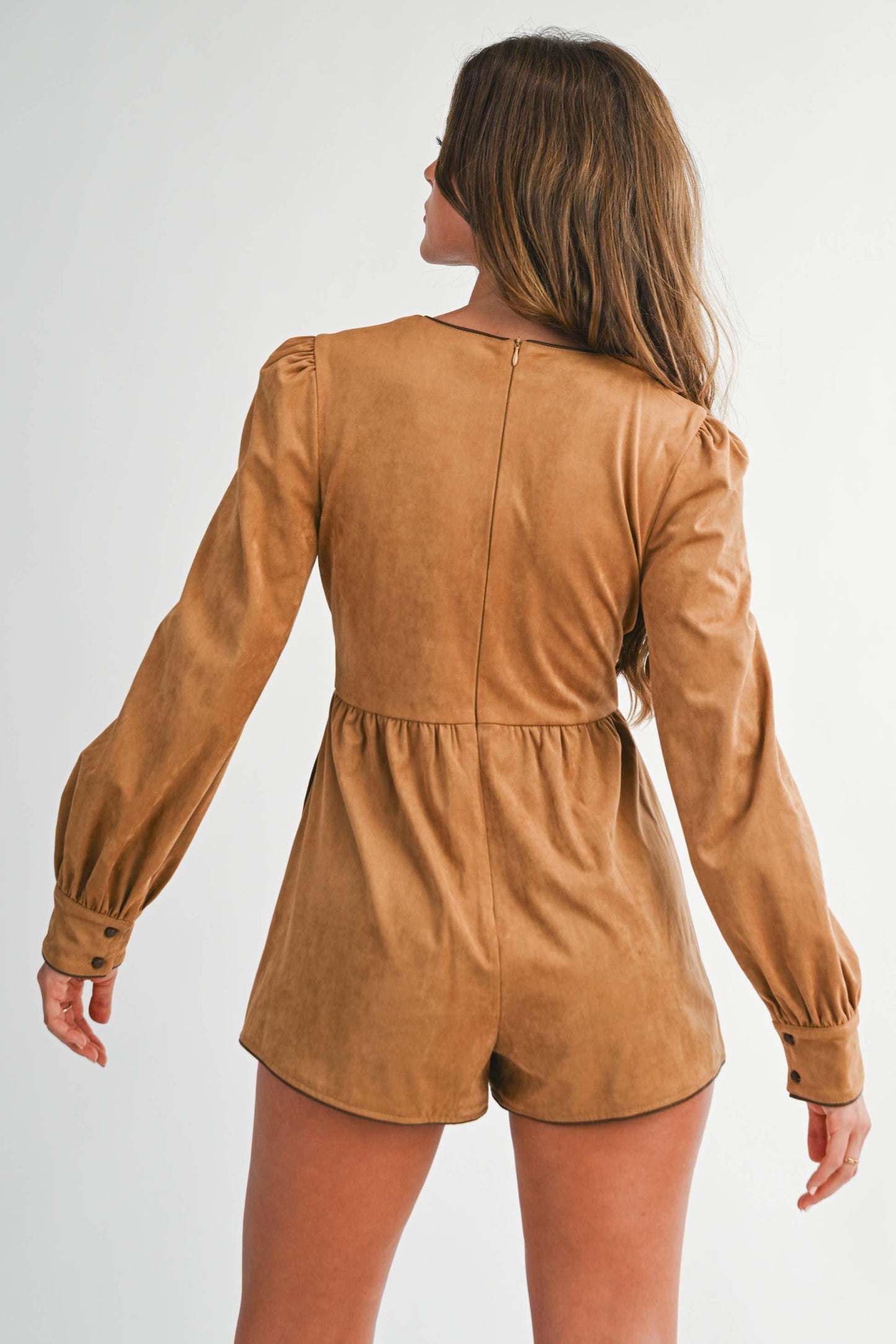 Suede Tie-Front Long Sleeve Romper