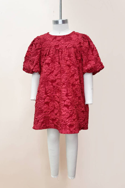 Kids Floral Jacquard Balloon Sleeve Dress: Red