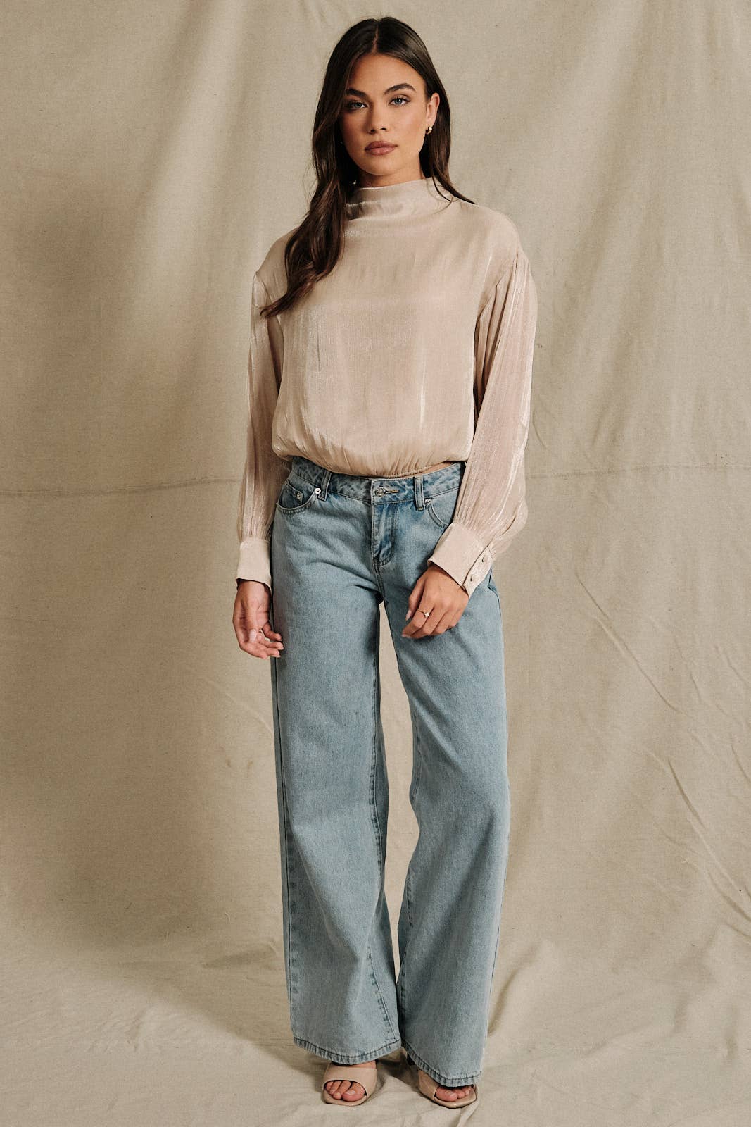 High Neck Sheer Shimmer Bubble Hem Blouse: CHAMPAGNE