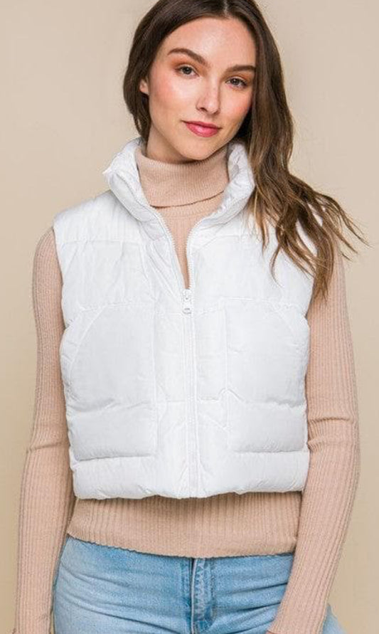 DOORBUSTER Love Tree Front Pocket Cropped Puffer Vest for Women in White