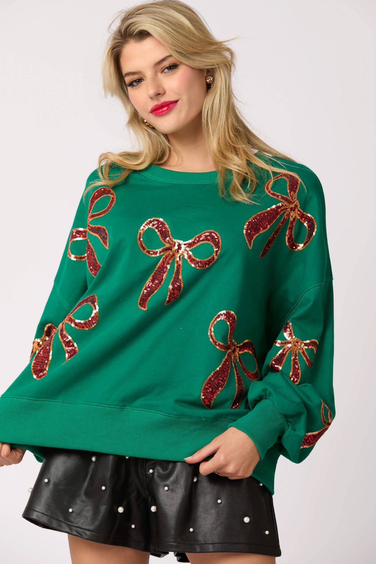 Christmas Bow Embroidery Oversized Green Sweatshirts