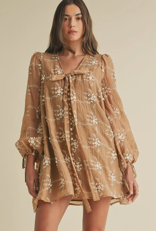 Taupe Floral Embroidered Long Sleeve Mini Dress