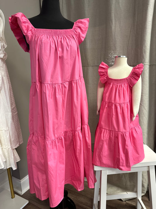 YOUTH Pink Solid Poplin Tiered Midi Dress, Square Neck and Ruffle Sleeves.