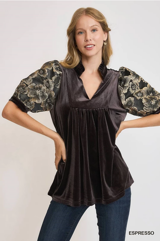 Bubble Sleeved Velvet Top Espresso