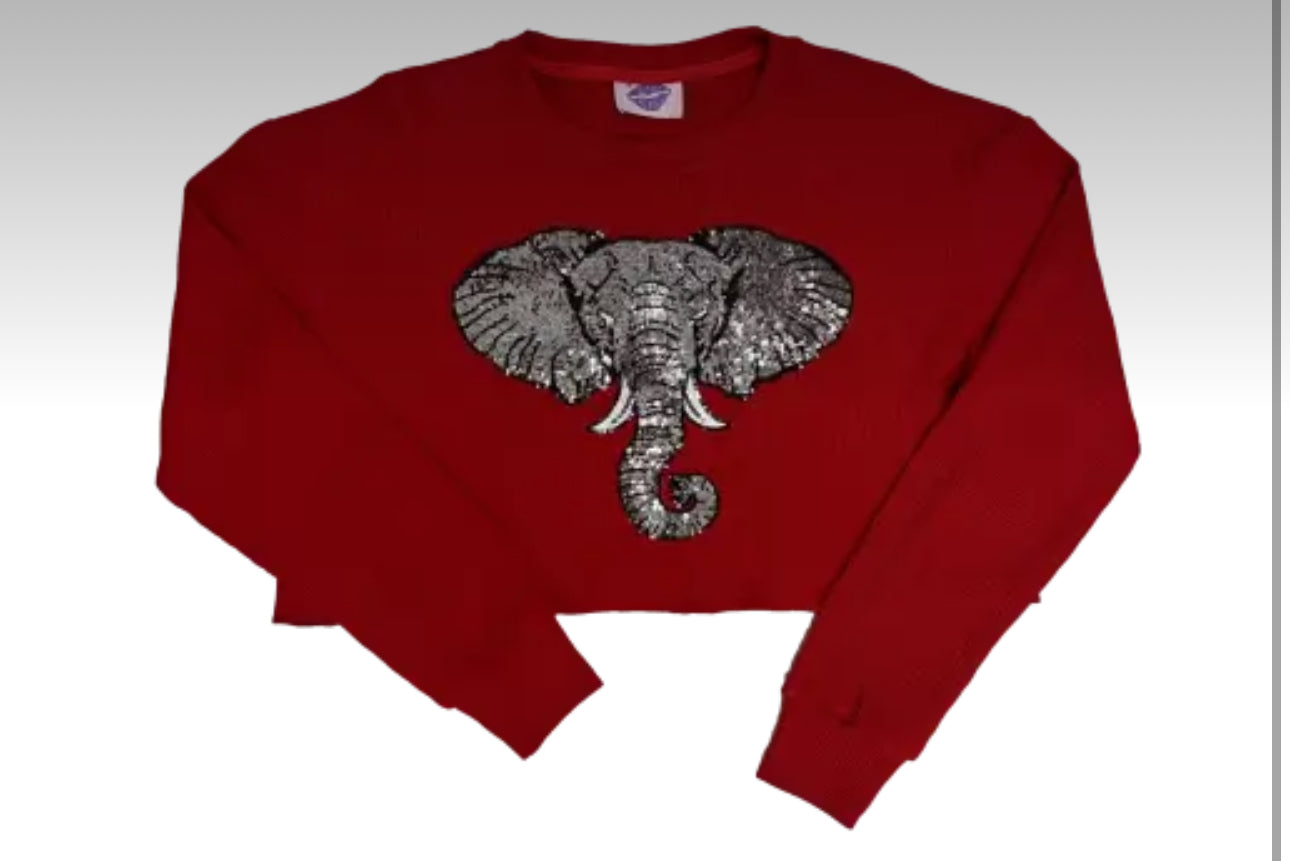 Alabama Elephant Sequin Waffle Crop Long Sleeve