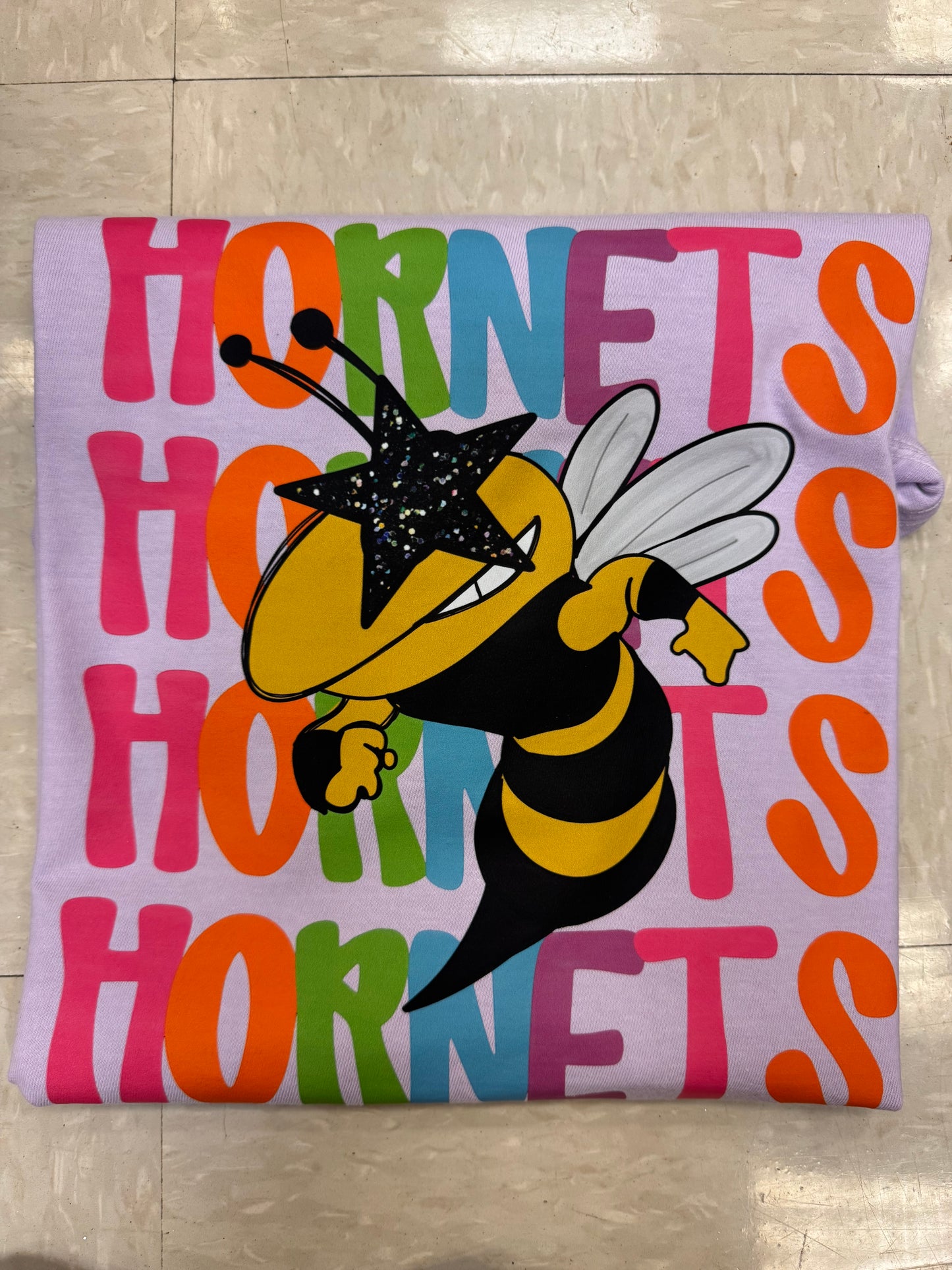 Hornets Multi Color Neon Stacked Light Purple Tee