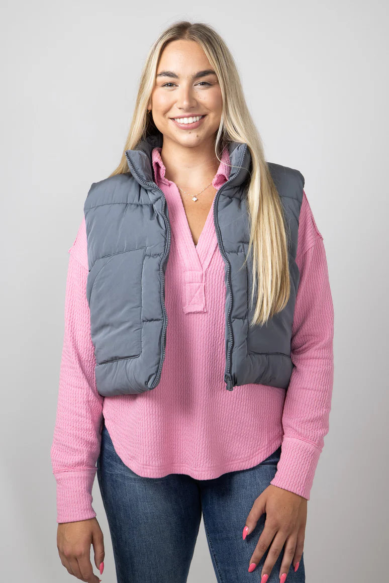 DOORBUSTER Love Tree Front Pocket Cropped Puffer Vest for Women in Slate