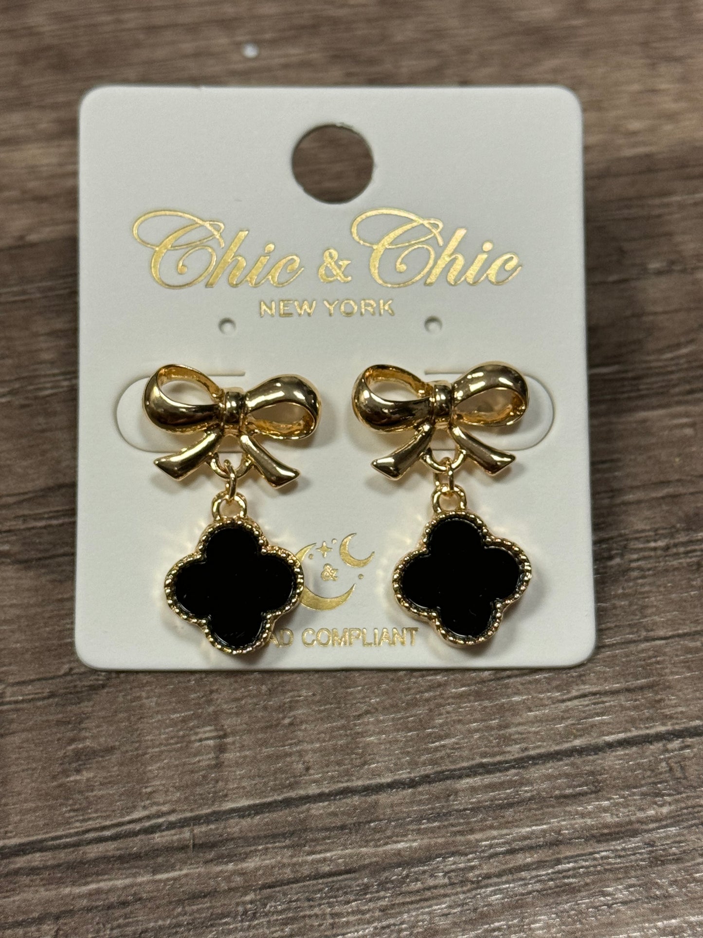 Gold Bow with Black Clover Earring