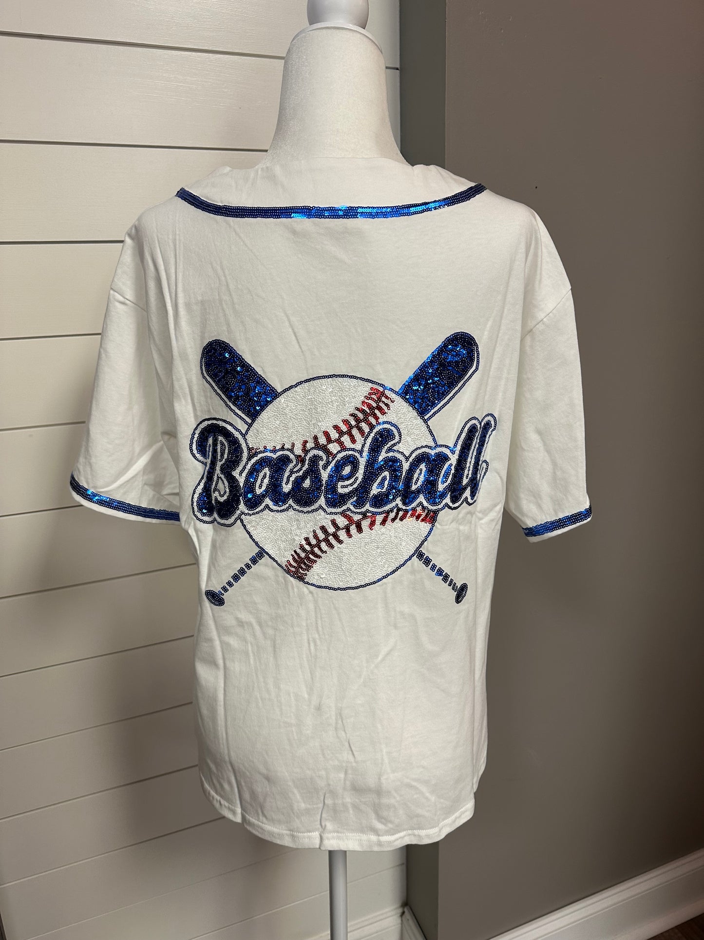 White French Terry Baseball Top With Sequin Embroidery