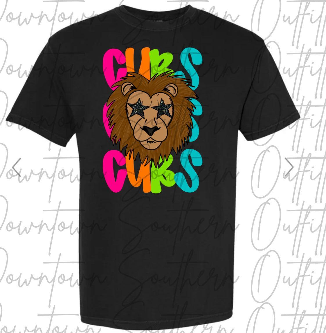 Cubs Multi Color Neon Stacked Black Tee
