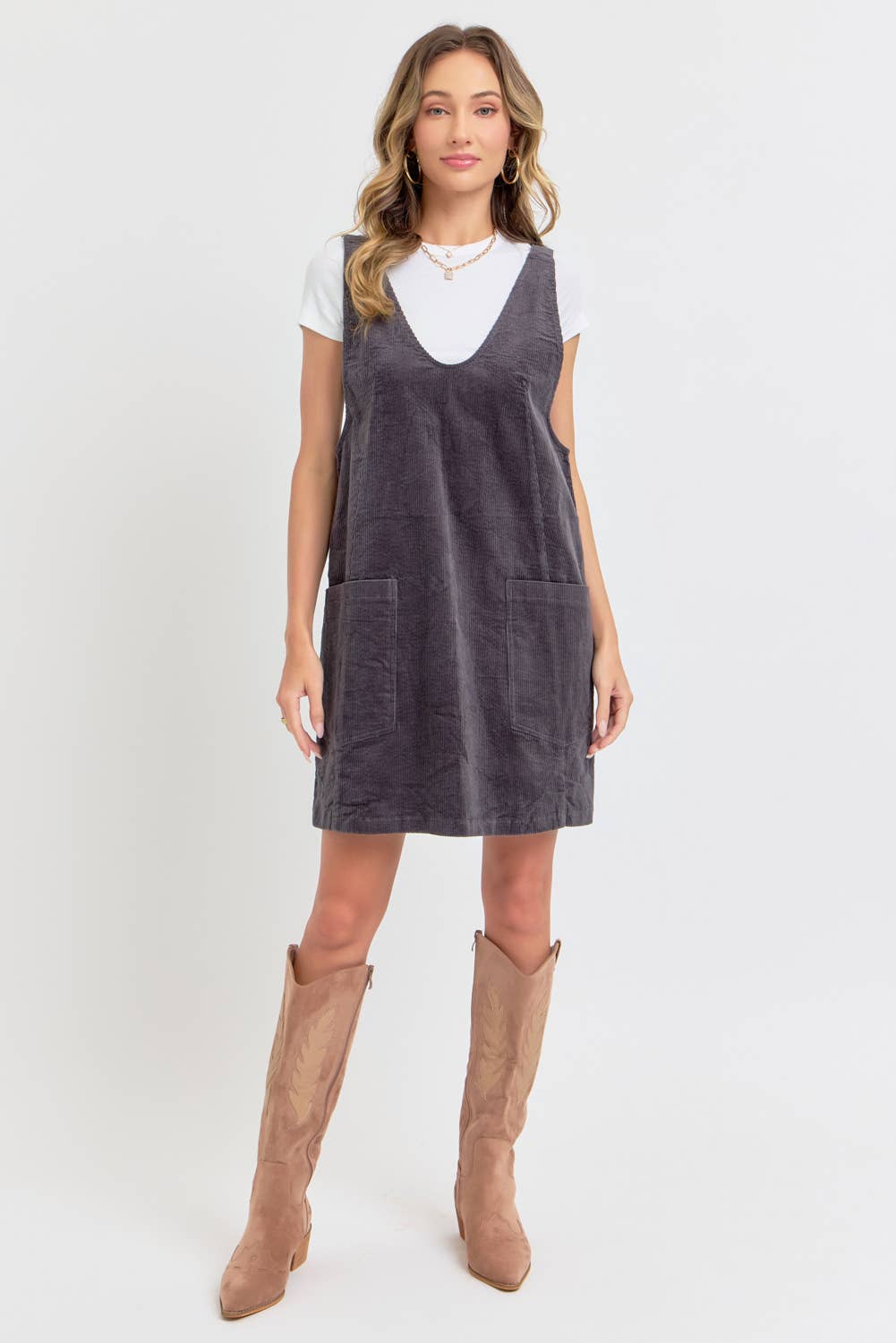 CASUAL OVERALL CORDUROY DRESS CAMEL