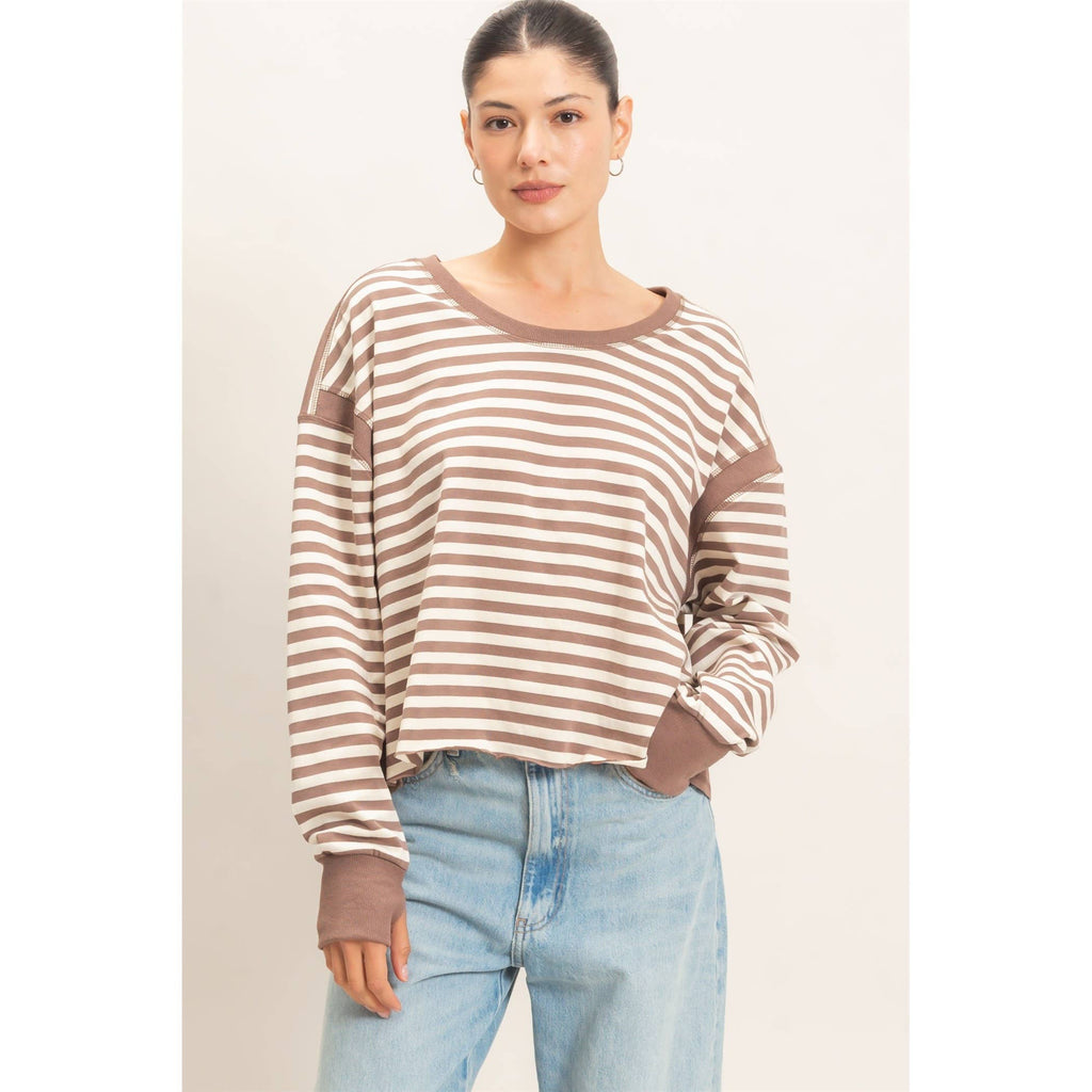 Striped Long Sleeve Top: MOCHA / WHITE