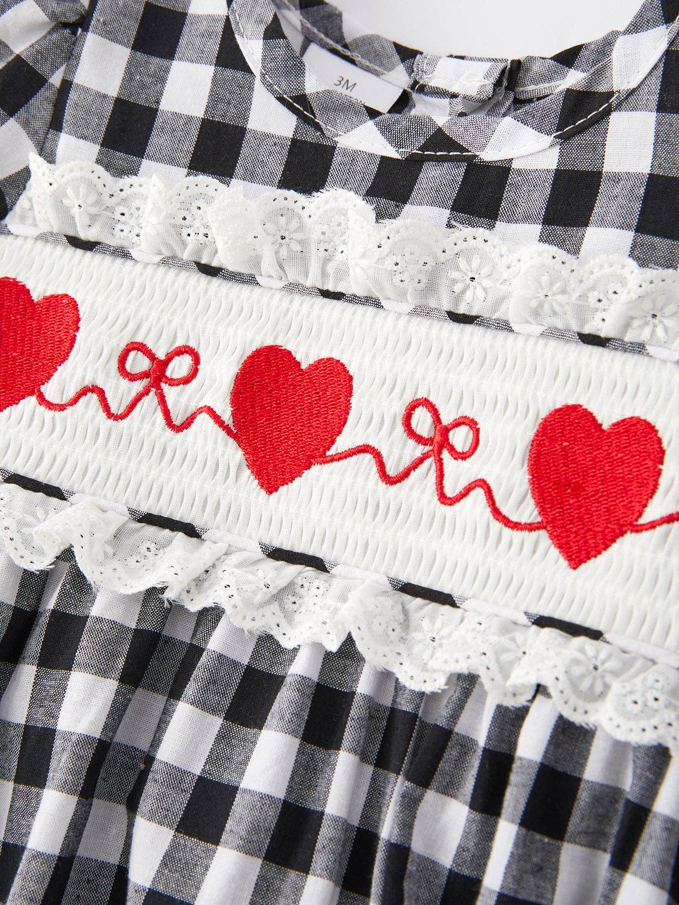 Black and white Plaid heart and bows Smocking Embroidery Long Sleeve Girls Romper