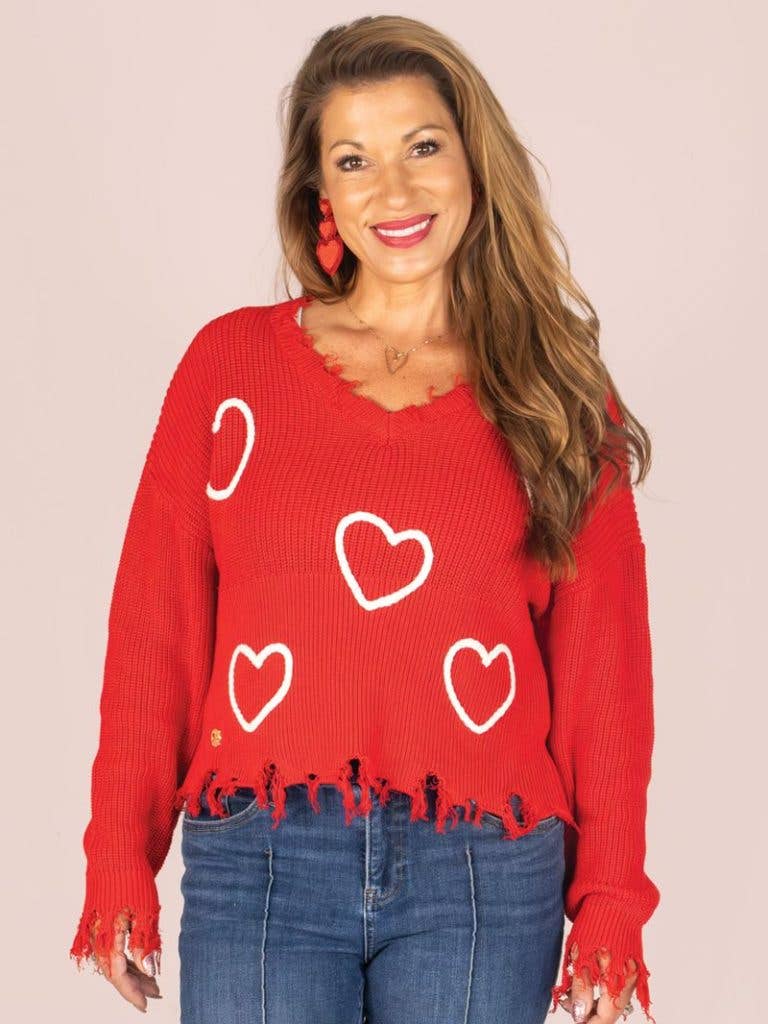 Heart Sweater V Neck Distressed Red