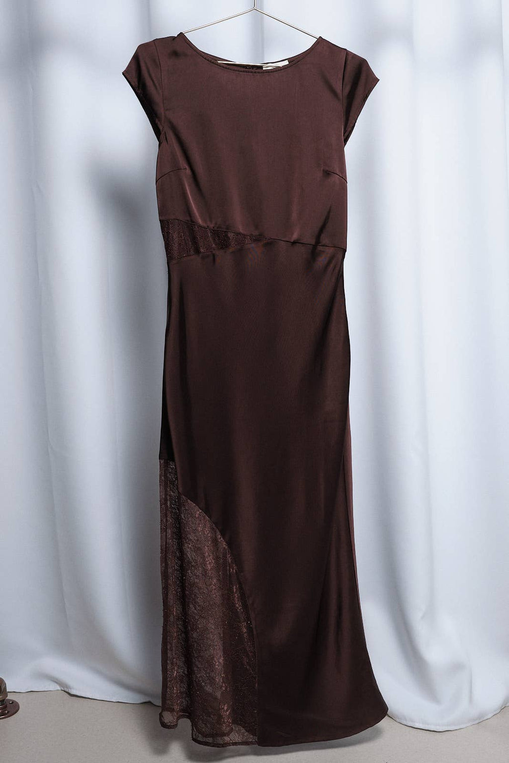 Brown Satin Boat Neck Lace Insert Midi Dress