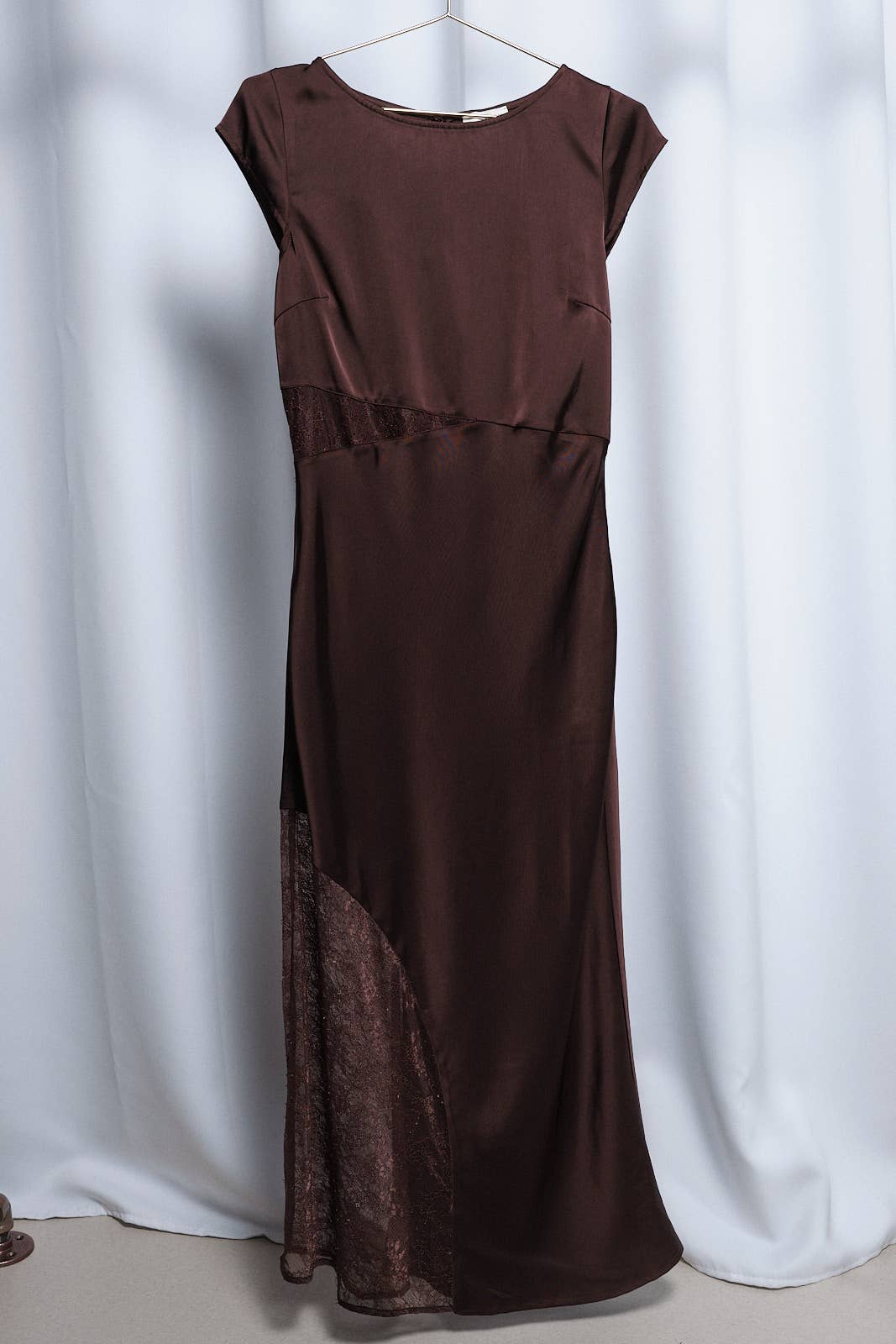 Brown Satin Boat Neck Lace Insert Midi Dress