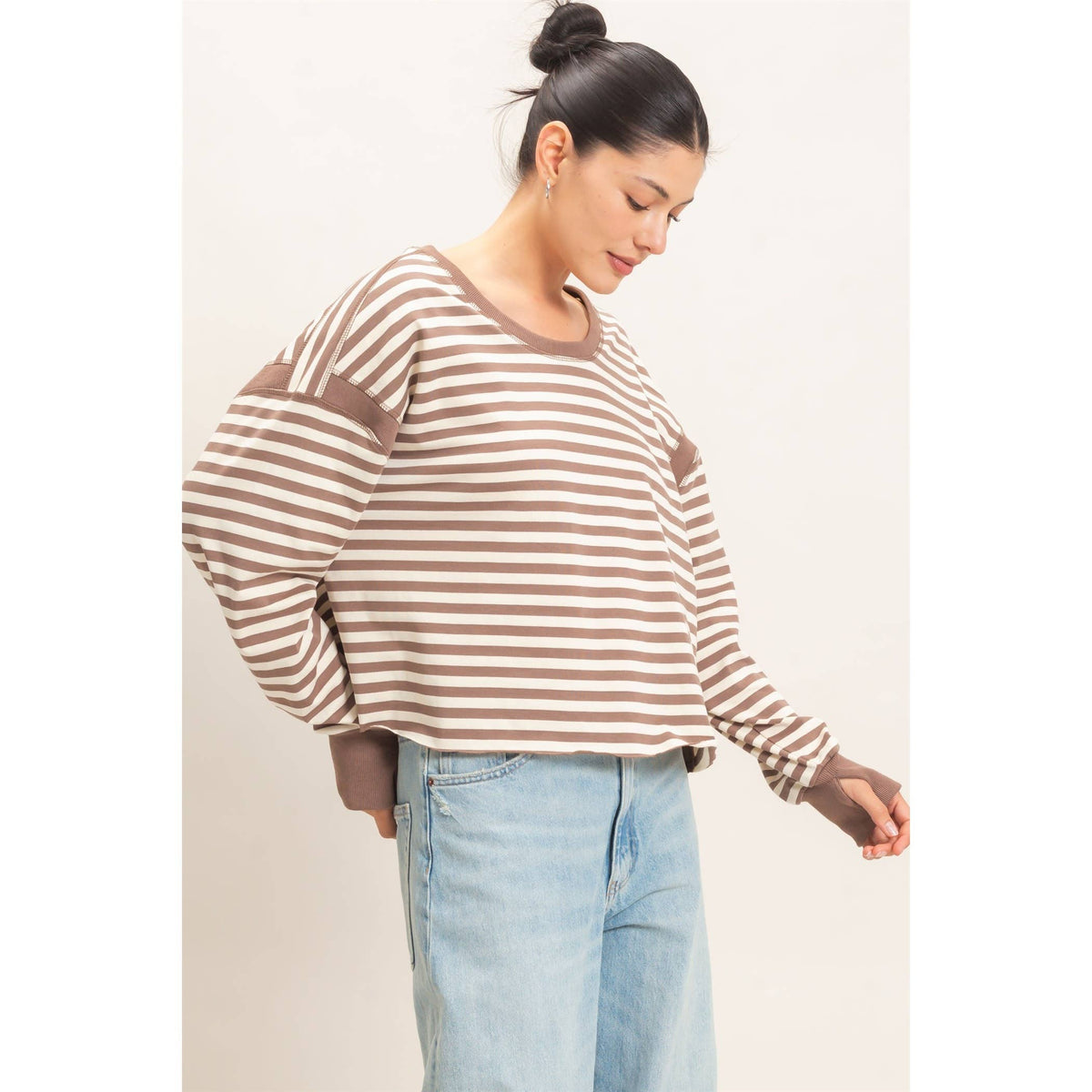 Striped Long Sleeve Top: MOCHA / WHITE