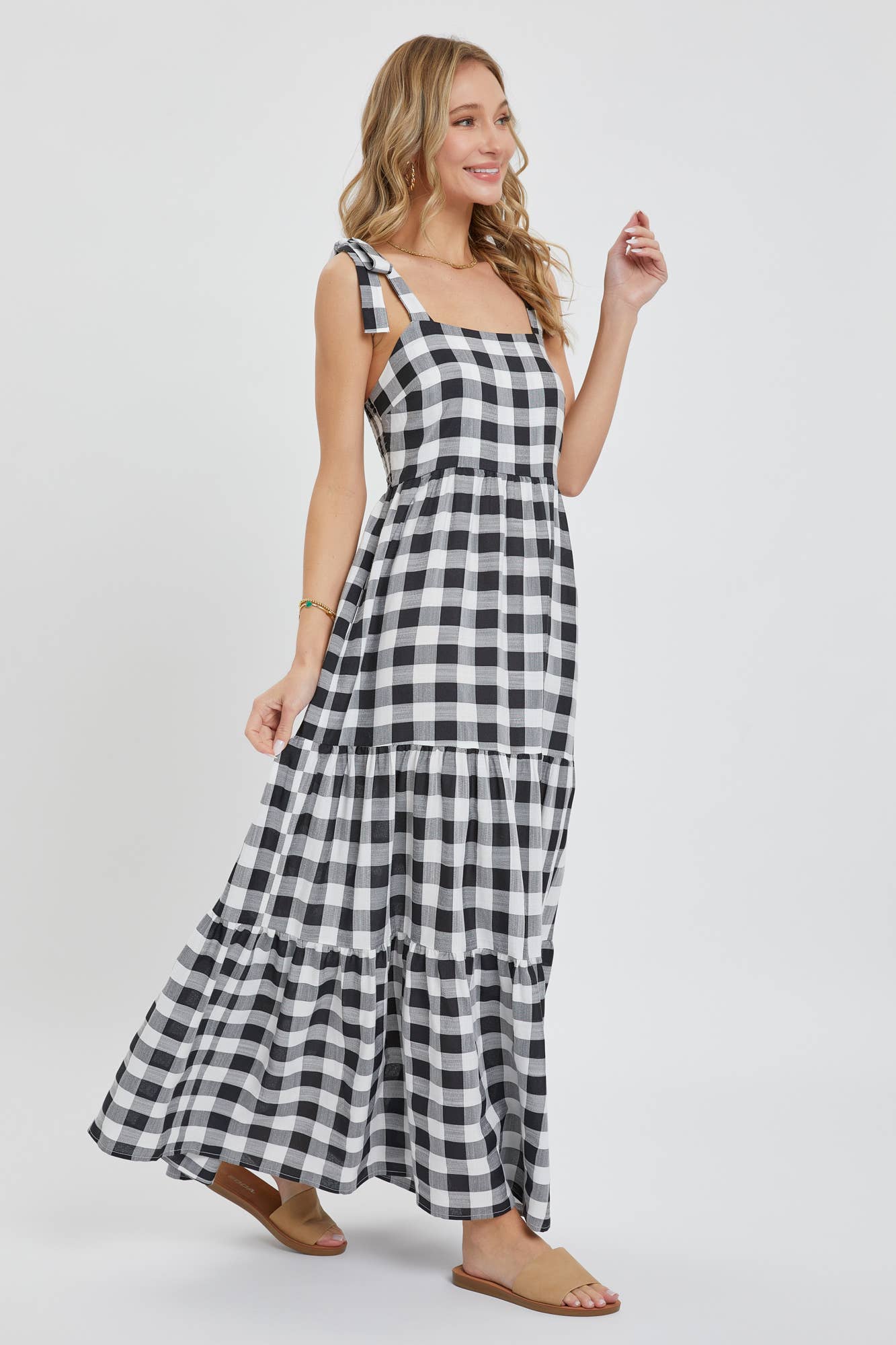 GINGHAM TIERED MAXI DRESS: TAUPE