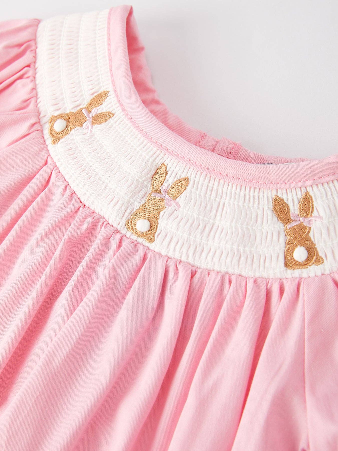 Girls Easter Bunny Smocking Embroidered Lace Cuff Pink Romper