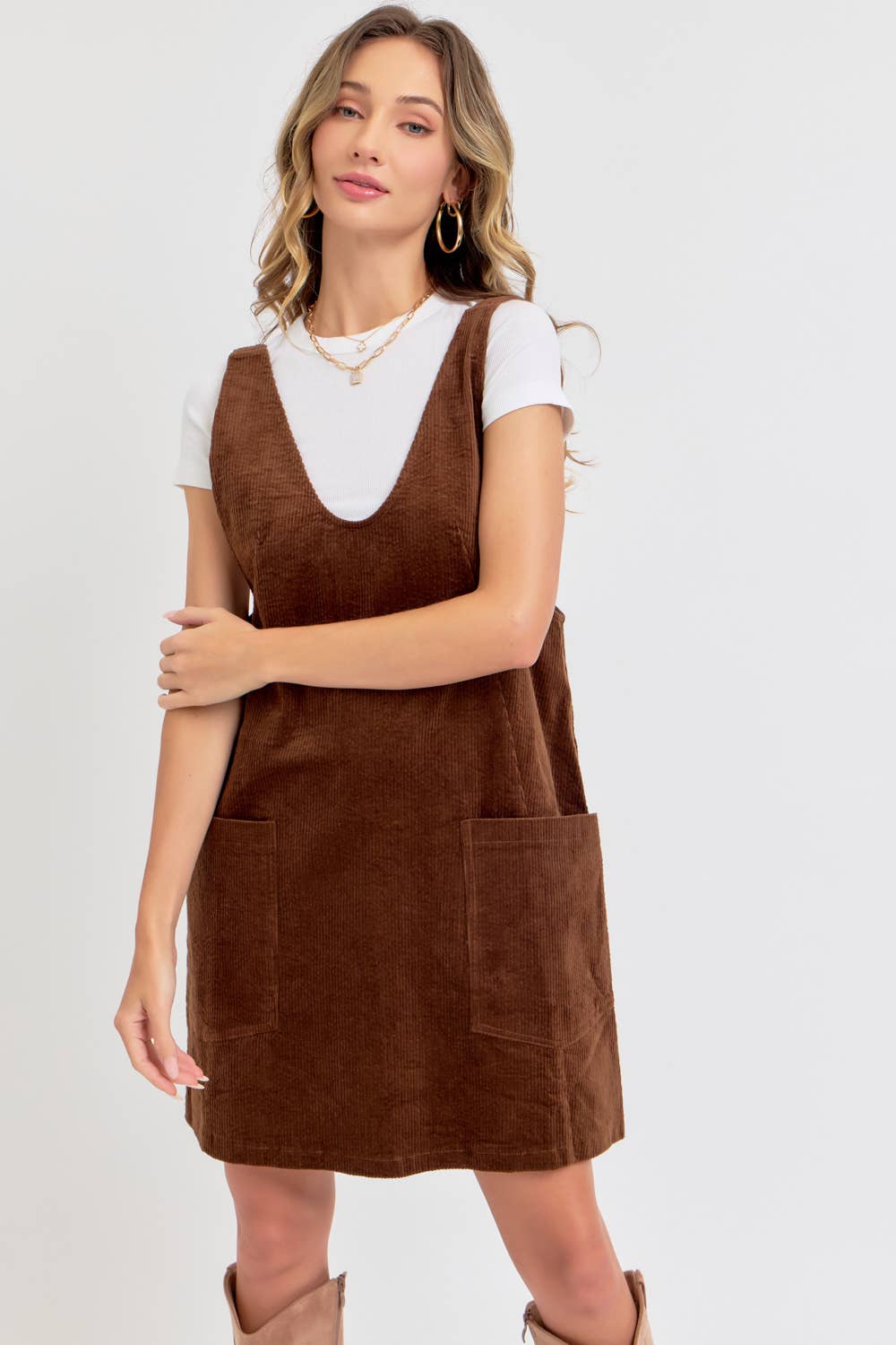 CASUAL OVERALL CORDUROY DRESS CAMEL