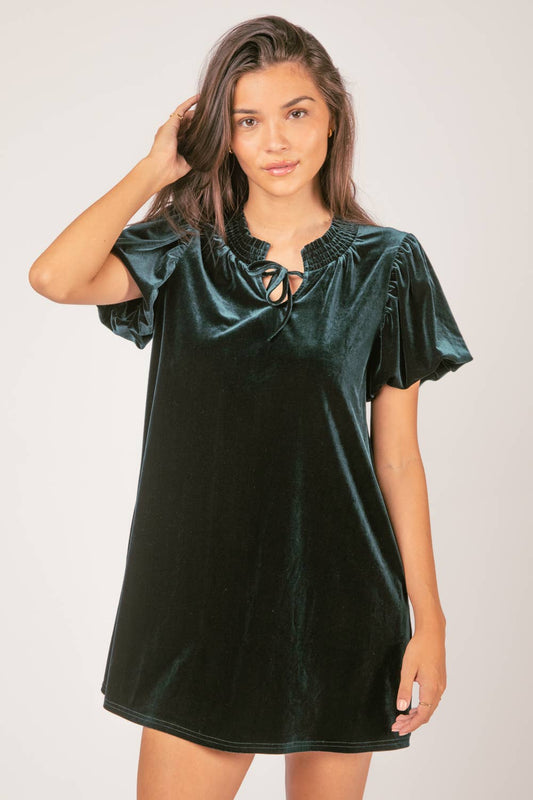 Puff Sleeve Velvet Holiday Mini Dress: FOREST