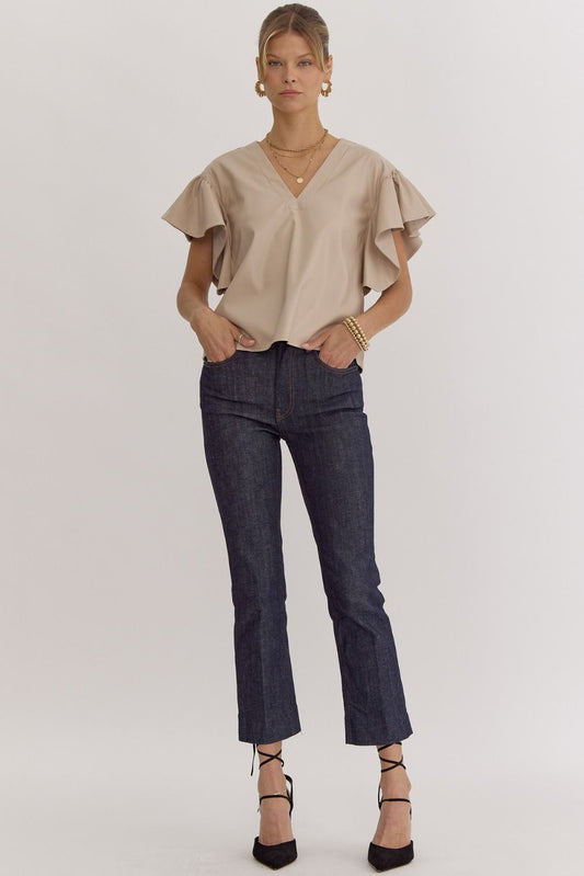 Taupe Solid faux leather v-neck ruffle sleeve top featuring cut out and button closure at back