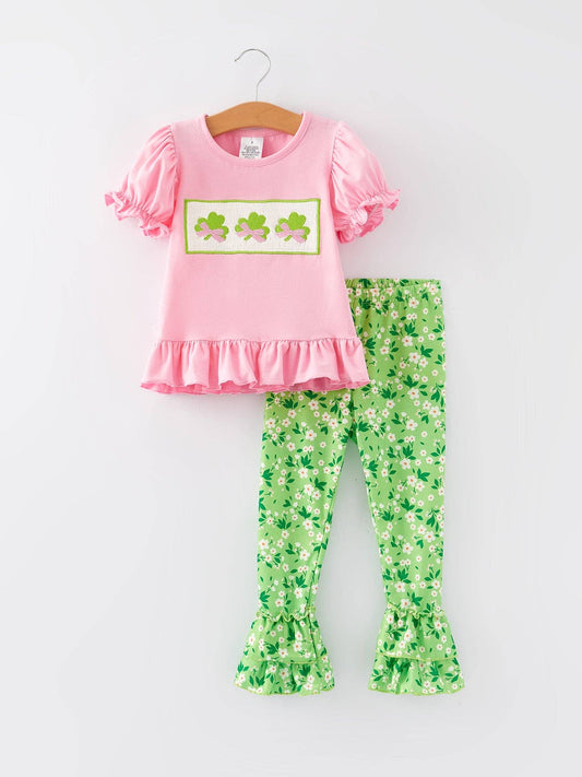 St. Patrick's Day Smocking Embroidered Pink Top+Pants Outfit Set