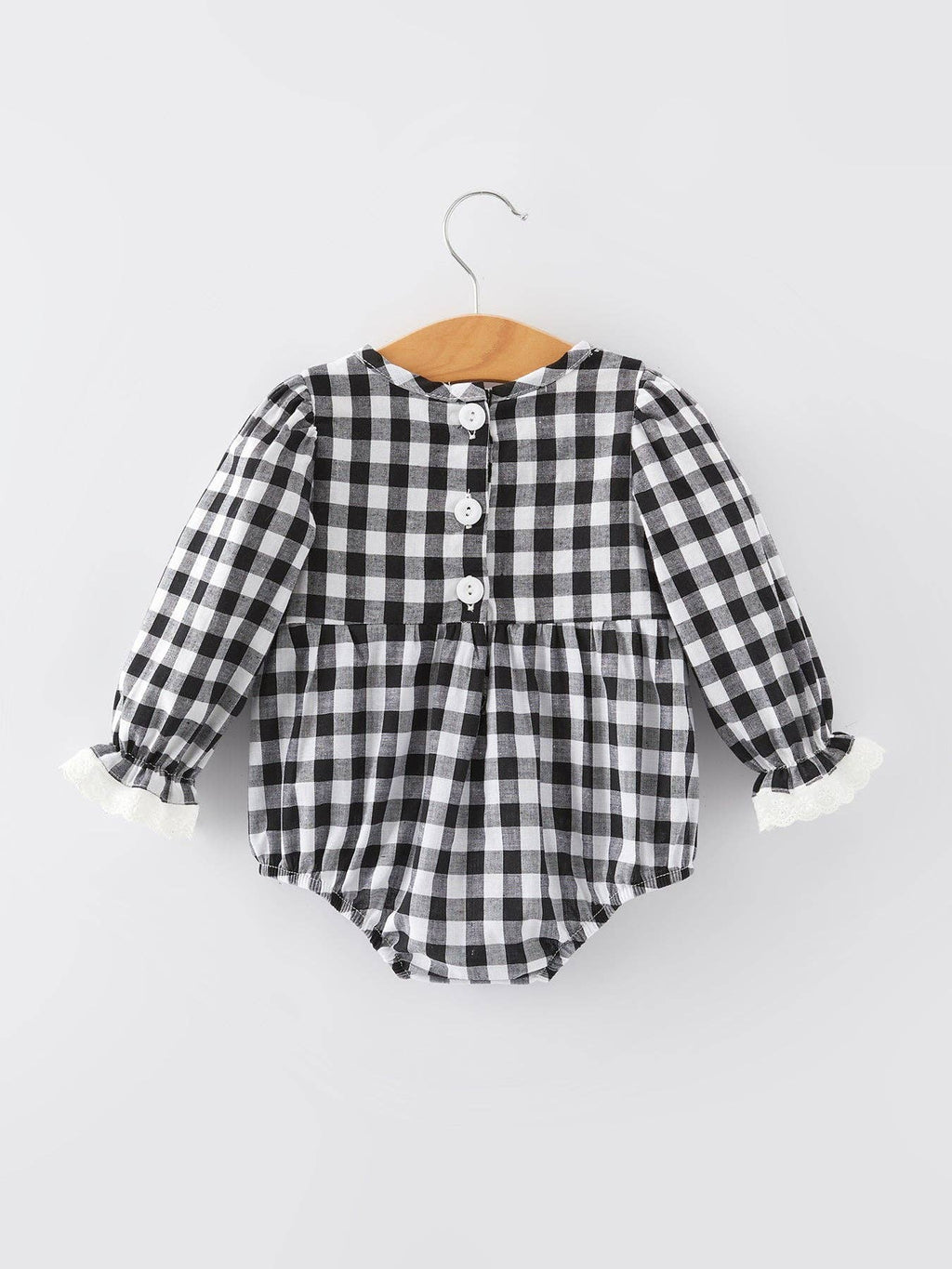 Black and white Plaid heart and bows Smocking Embroidery Long Sleeve Girls Romper