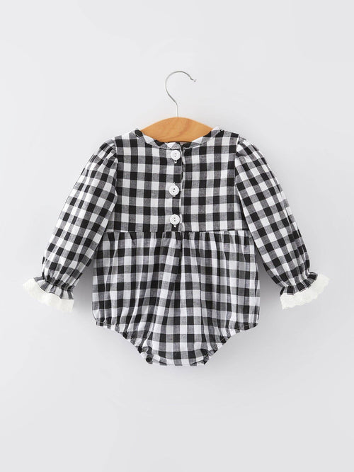 Black and white Plaid heart and bows Smocking Embroidery Long Sleeve Girls Romper