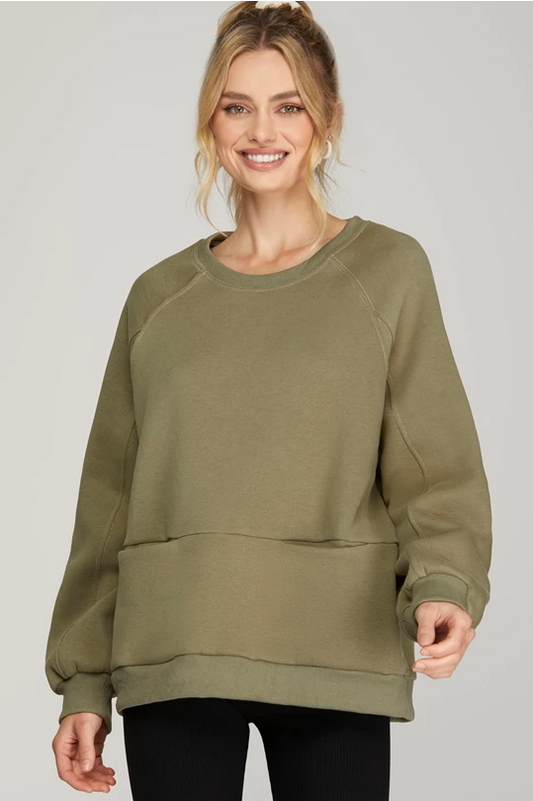 LIGHT OLIVE LONG SLEEVE FRONT POCKET SWEATSHIRT TOP