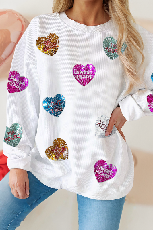 Valentines Heart Patches Sequin Pullover Sweatshirt: White