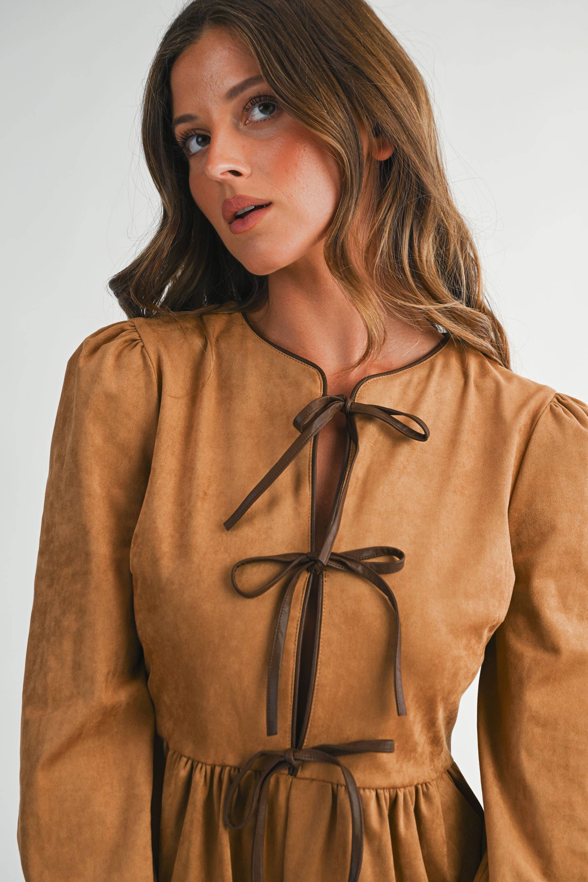 Suede Tie-Front Long Sleeve Romper