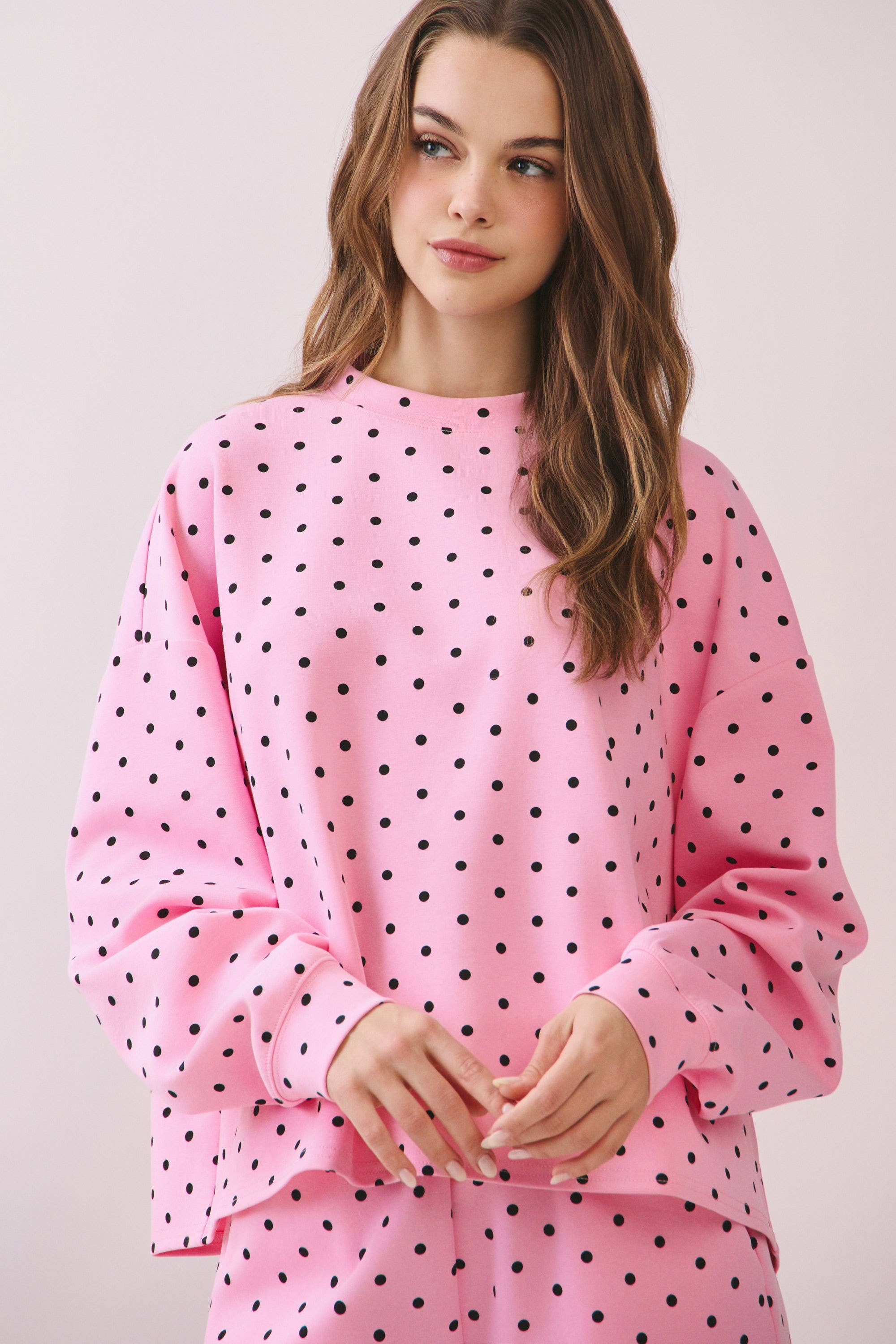 Polka Dot Print Drop Shoulder Pullover Top: Pink Sold Separate