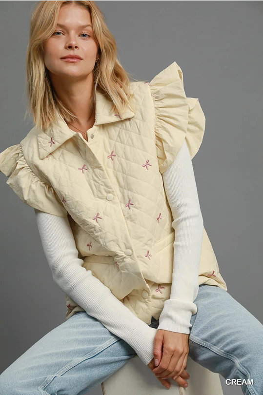 Cream Ribbon Embroidered Vest Jacket