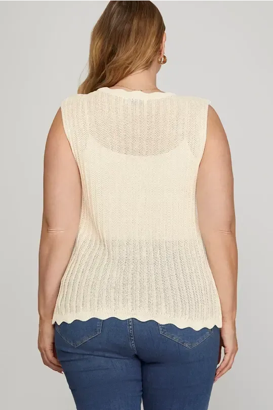 CREAM SLEEVELESS SCALLOP SWEATER VEST WITH FRONT TIE