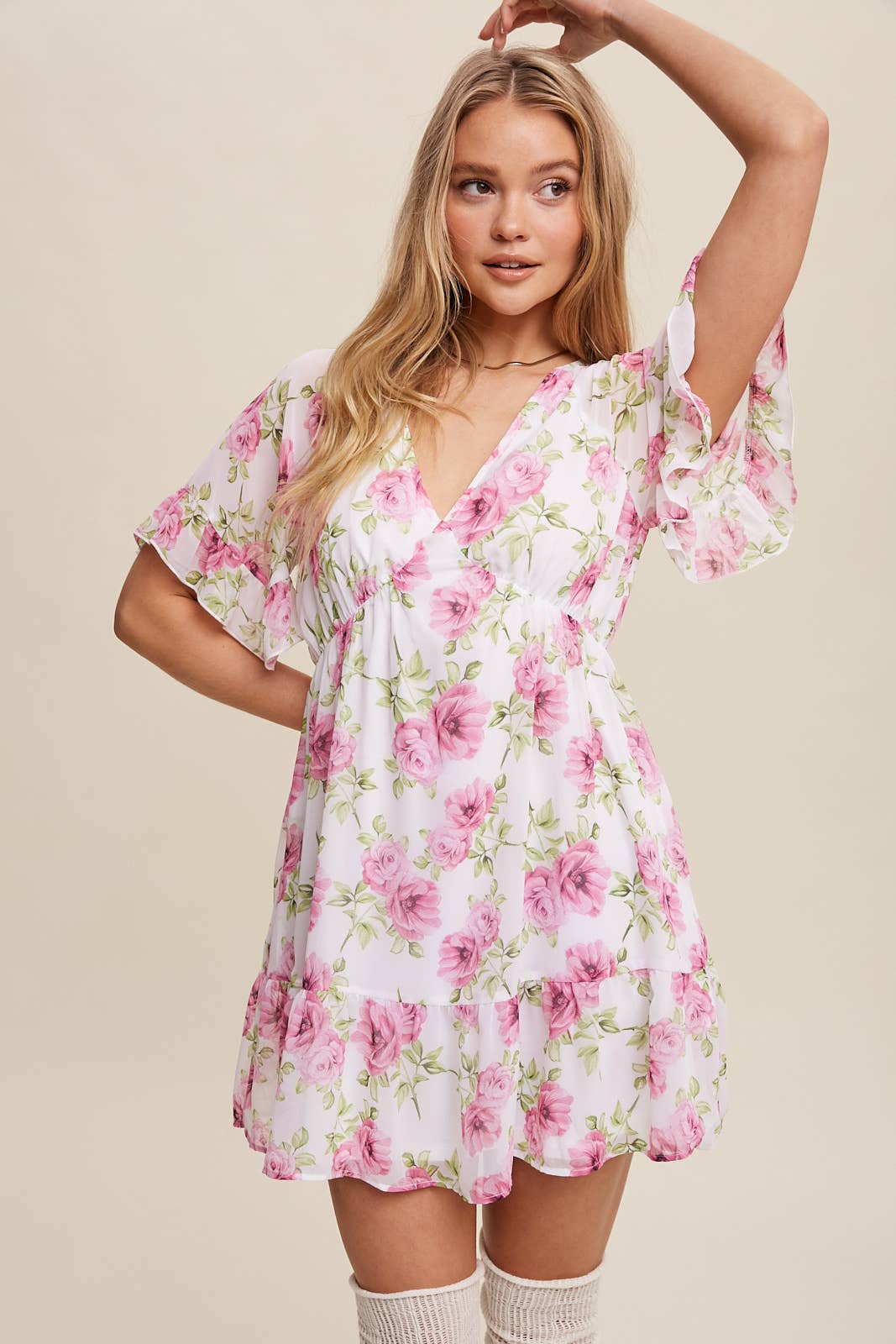 Floral Ruffle Sleeve Mini Dress: Cream