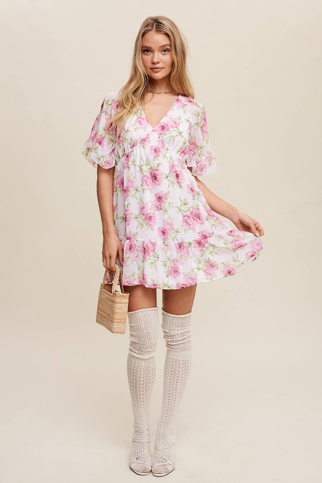 Floral Ruffle Sleeve Mini Dress: Cream