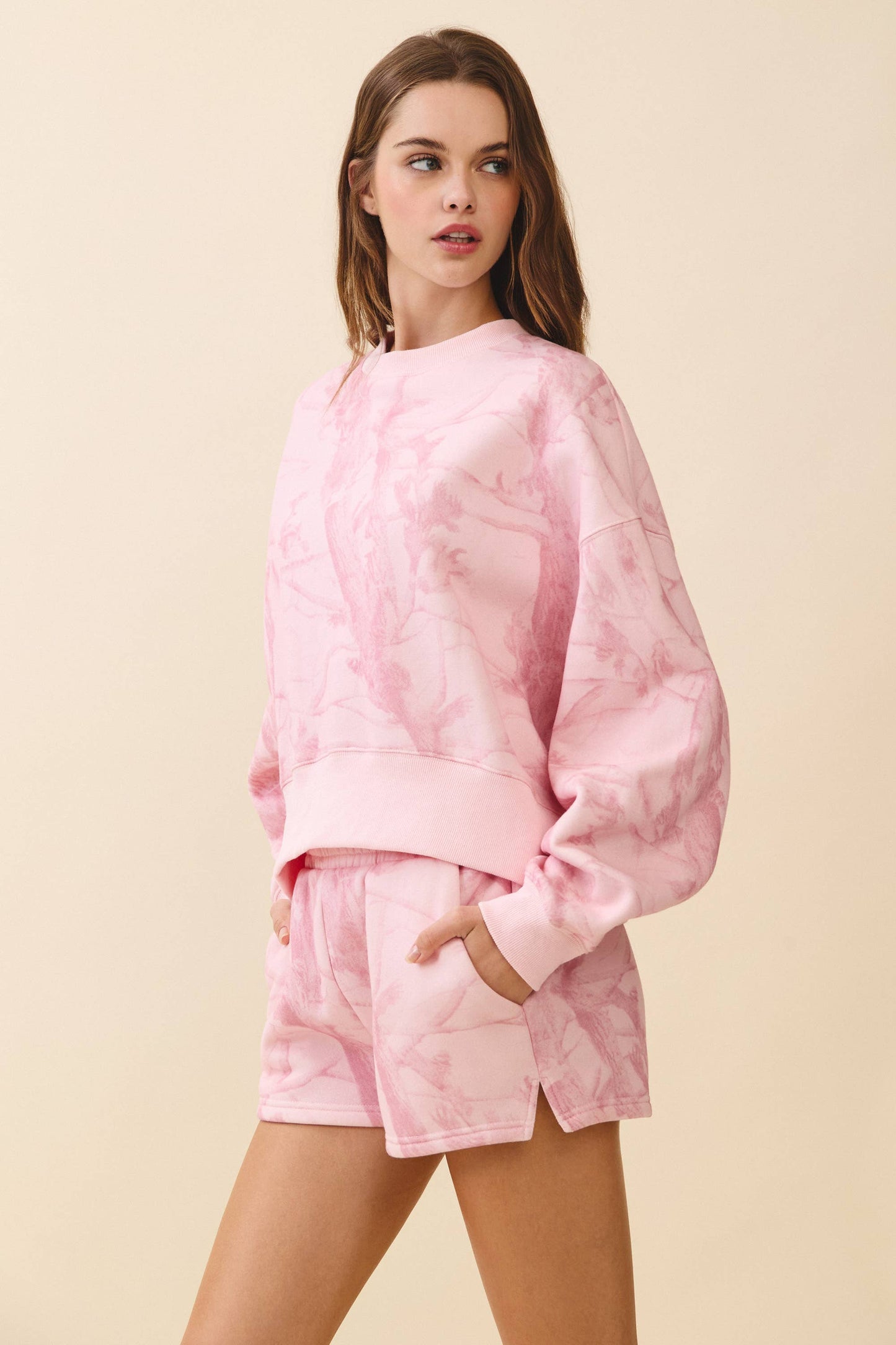 Camouflage Print Dropped Shoulders Sweatshirt: Pink