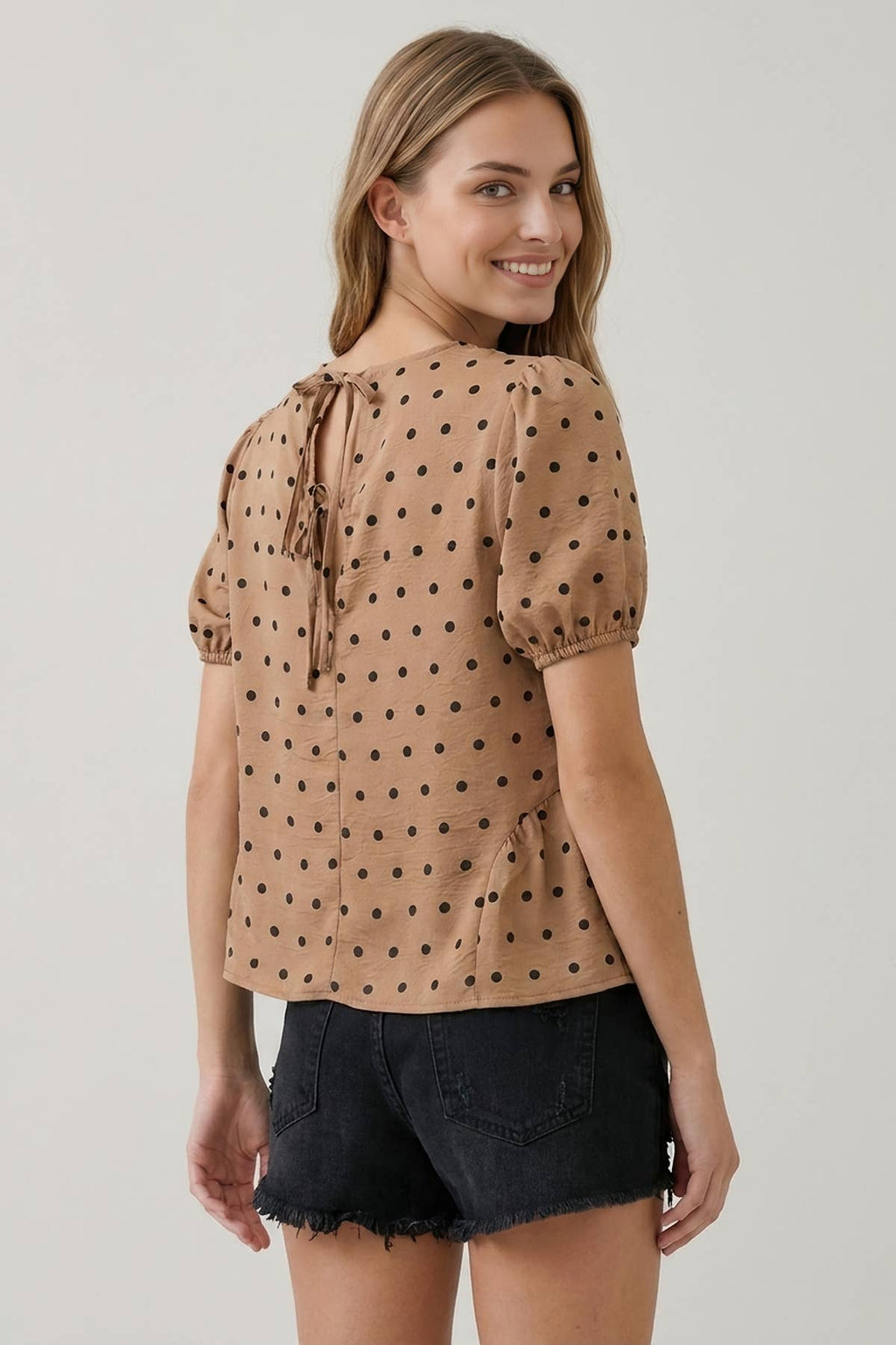 POLKA DOT SSLV PEPLUM BLOUSE - 45917T: Beige / L