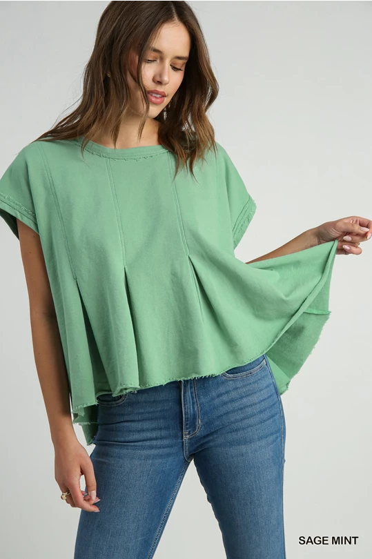 Mint Crewneck Short Sleeve French Terry Top with Pleat & Frayed Details