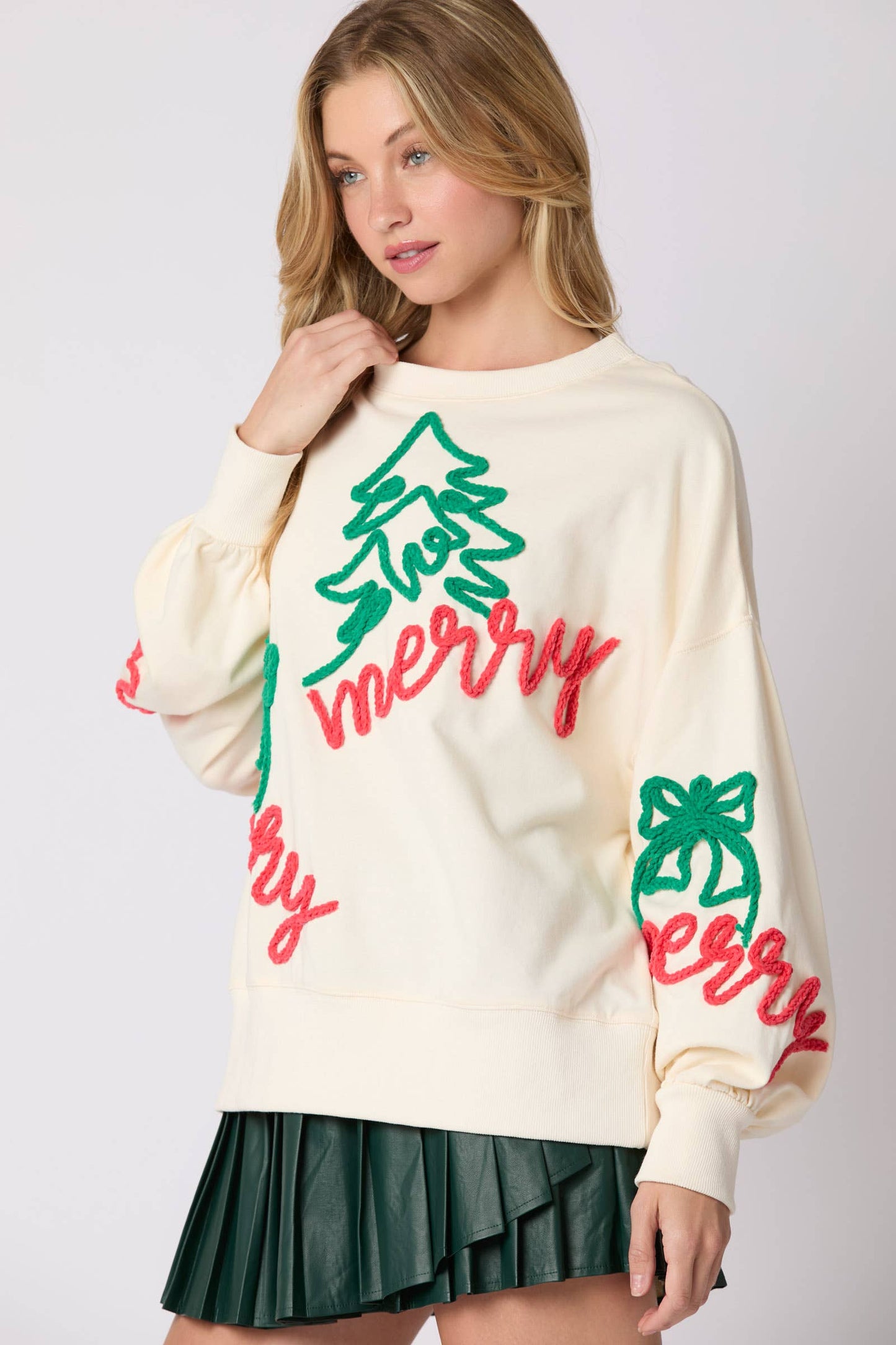 Merry Thread Embroidery Oversized Sweatshirts Cream