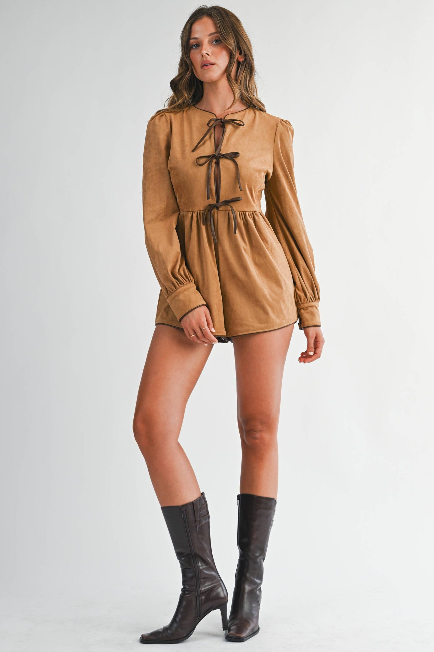 Suede Tie-Front Long Sleeve Romper