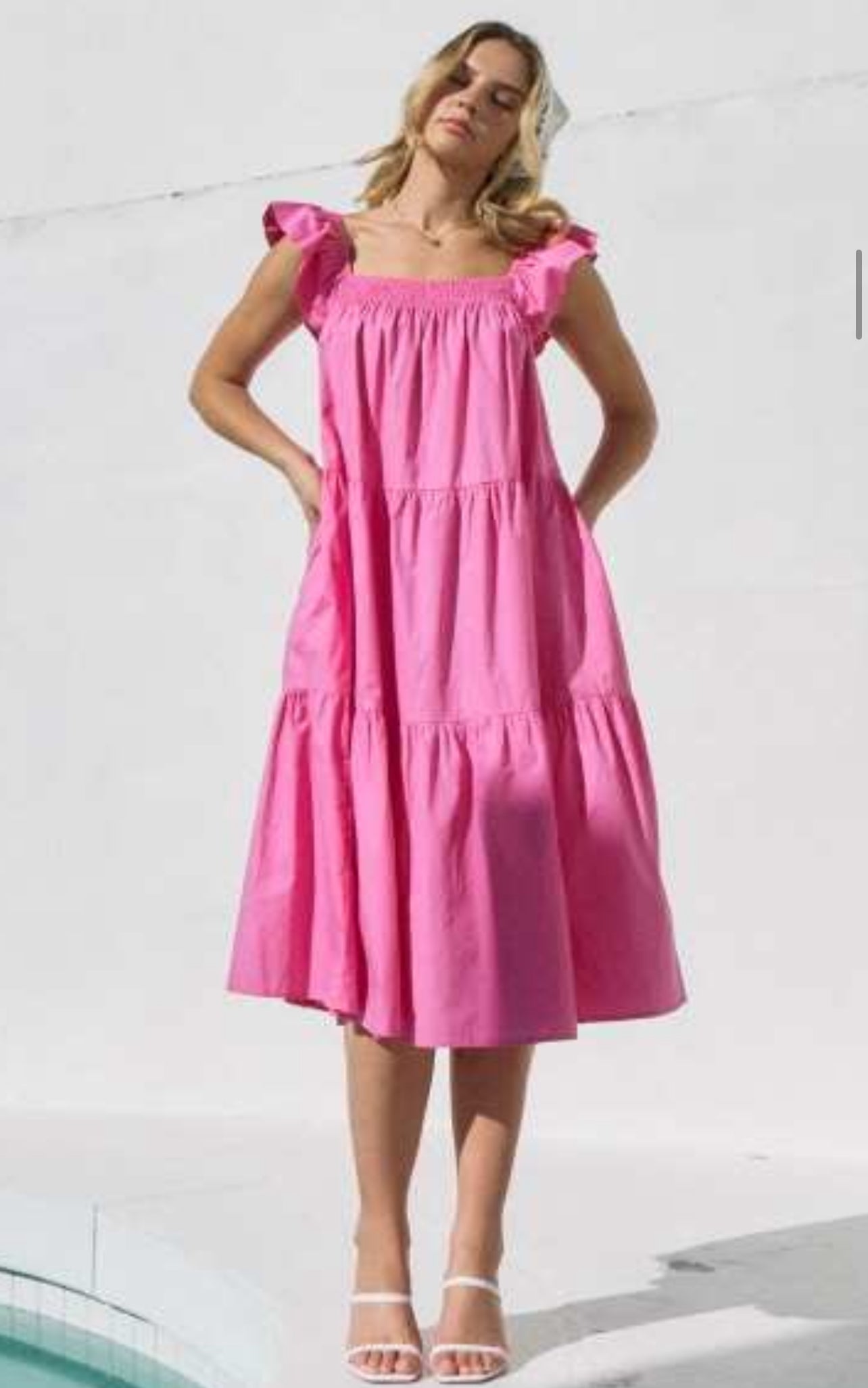 Pink Solid Poplin Tiered Midi Dress, Square Neck and Ruffle Sleeves