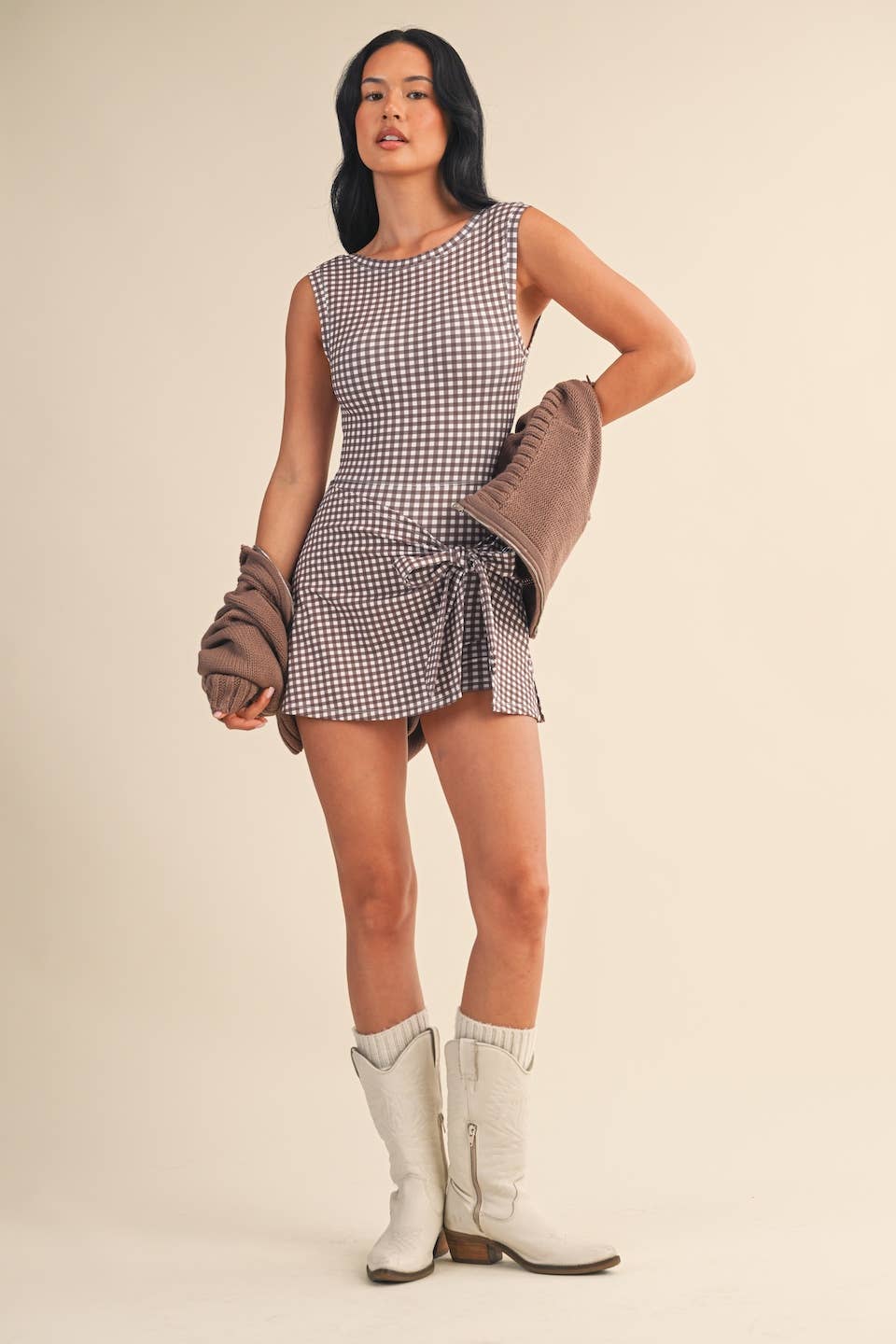 Gingham Print Sleeveless Wrap Tie Front Dress